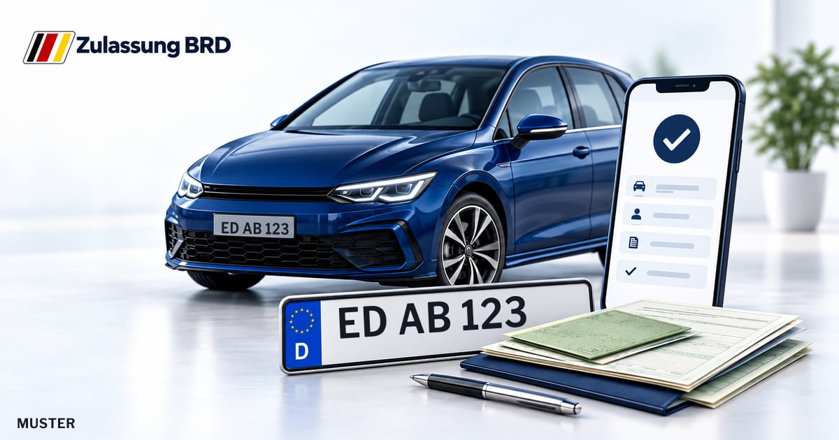 Online Fahrzeugzulassung in Dorfen: Musterkennzeichen ED AB 123, Auto und Fahrzeugpapiere und Smartphone. Illustration mit Logo von Zulassung BRD.